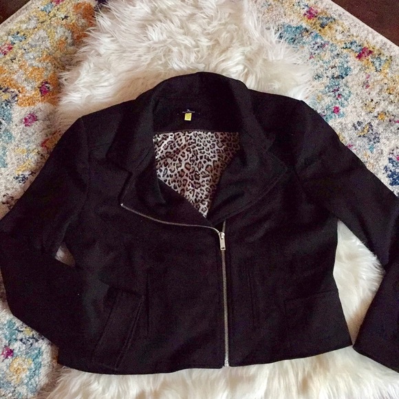 Jules & Leopold Jackets & Blazers - Black Leopard Moto Jacket with Asymmetrical Zipper